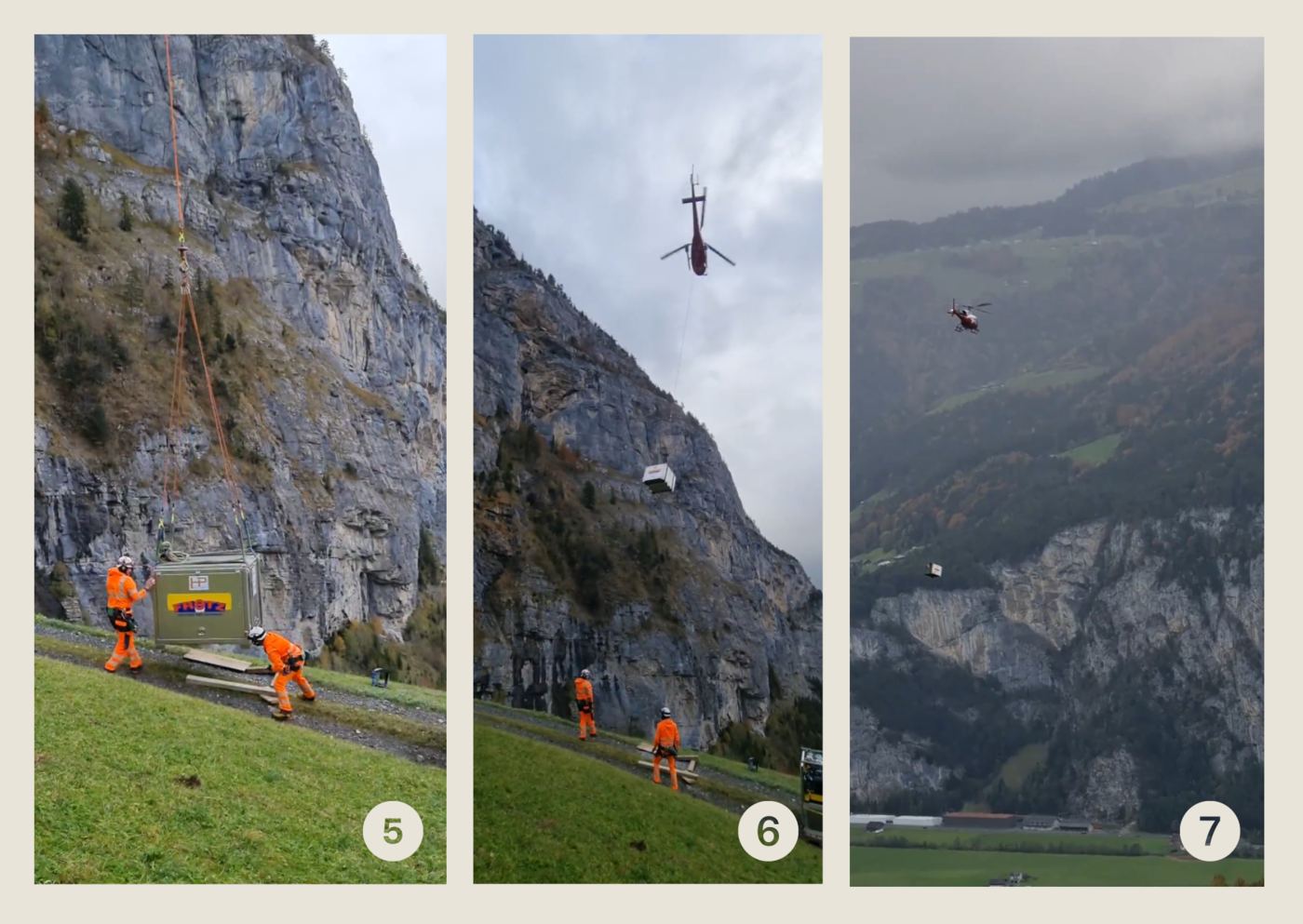 Collage der flugfähigen Inspektionsanlage mit einem Helikopter