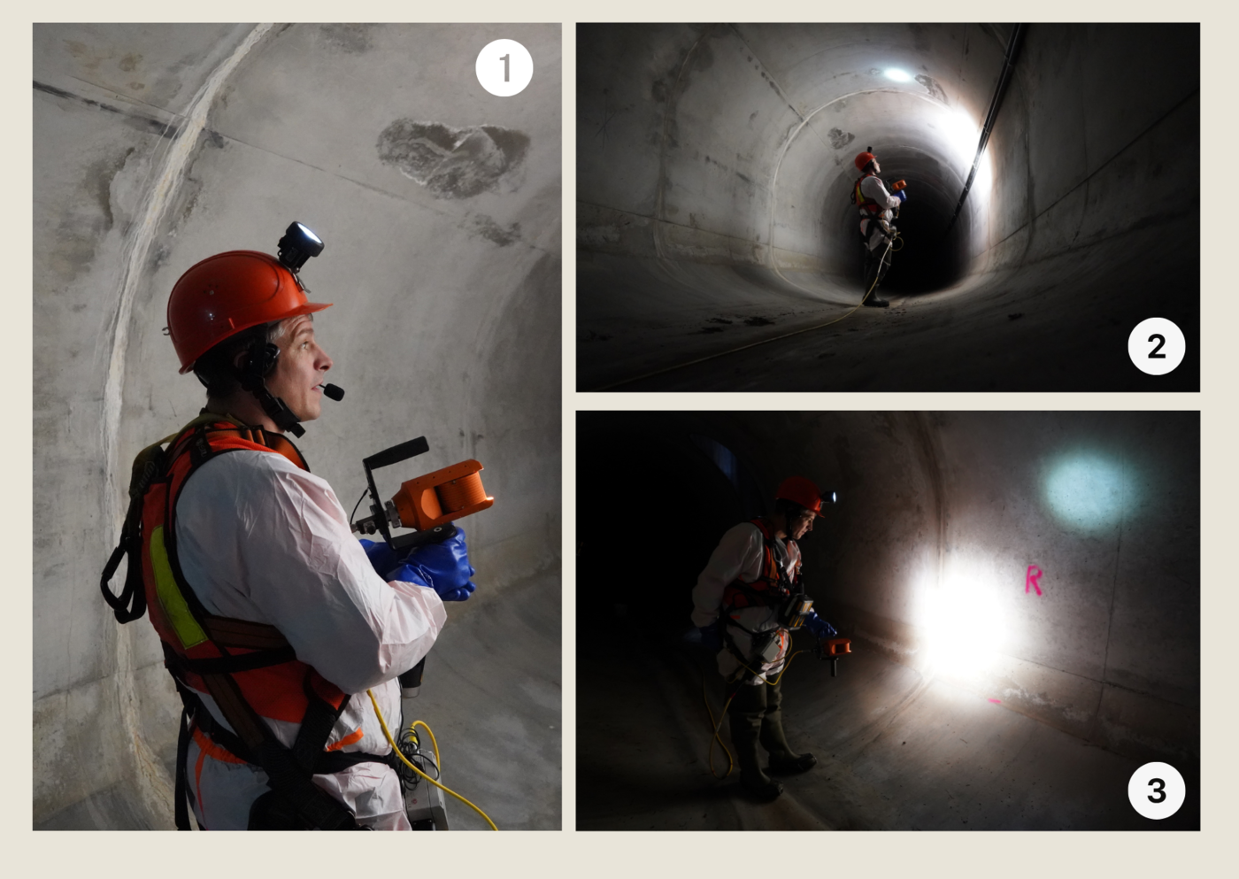 Collage aus Einzelbildern vom Einsatz des Manned-Entry-Adapter für handgeführte Inspektionen