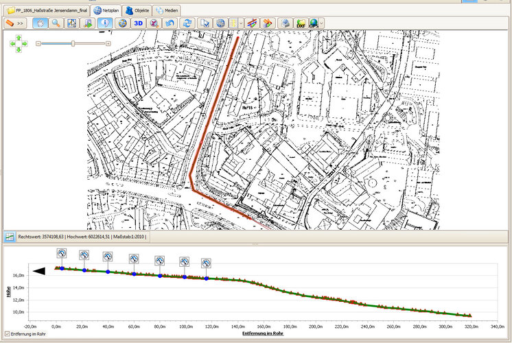 Aufnahme der Verläufe der Druckrohrleitung nach der Vermessung im IKAS evolution