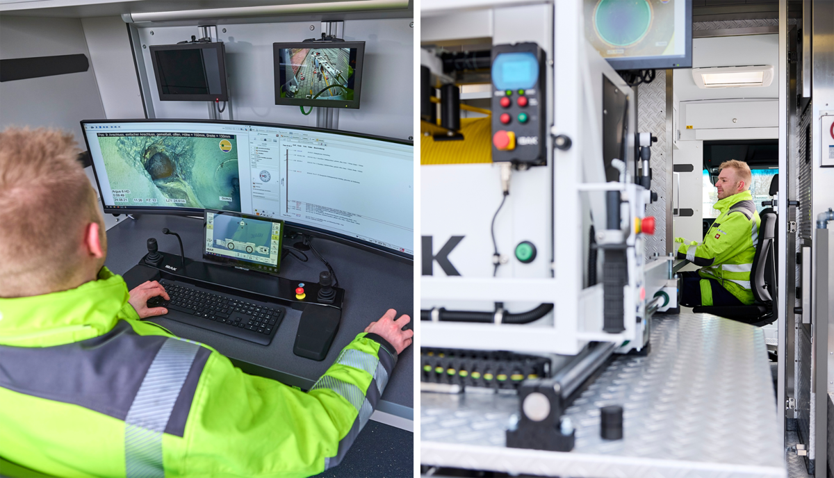 IBAK Fahrzeugausbau Bediener am Bediensystem im Bedienraum und in der Heckansicht