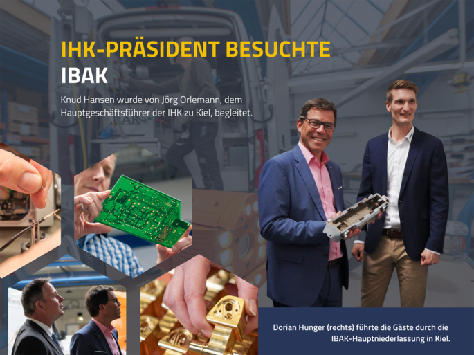 Collage vom Besuch der IHK mit Firmenrundgang bei IBAK in Kiel