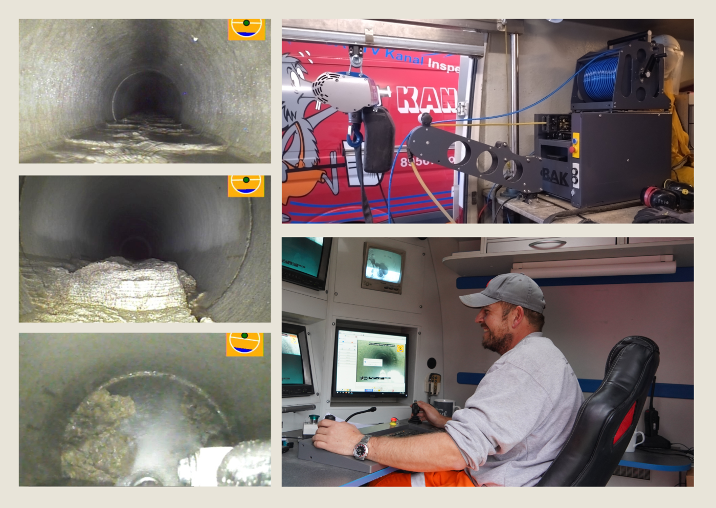 Collage vom Einsatz der Höchstdruck-Wasserstrahltechnik mit Aufnahmen aus dem Kanal, der Technik und dem Fahrzeug